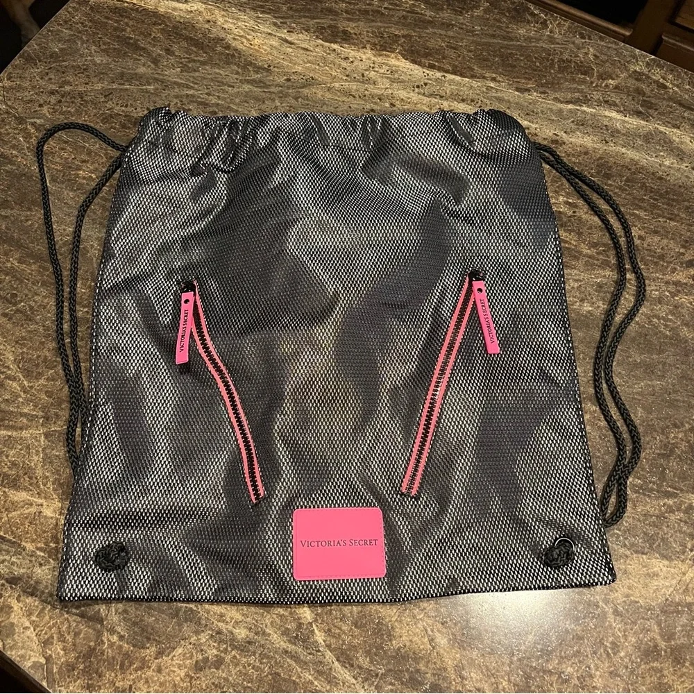 Victoria's Secret Black and Pink Drawstring Bag